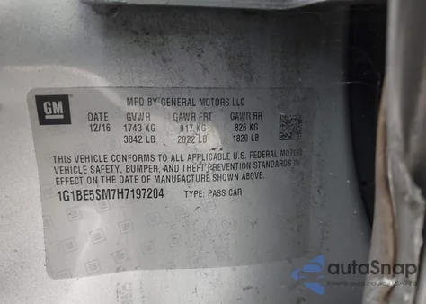 2017 Chevrolet Cruze Lt Auto z USA, uszkodzony, nr VIN 1G1BE5SM7H7197204